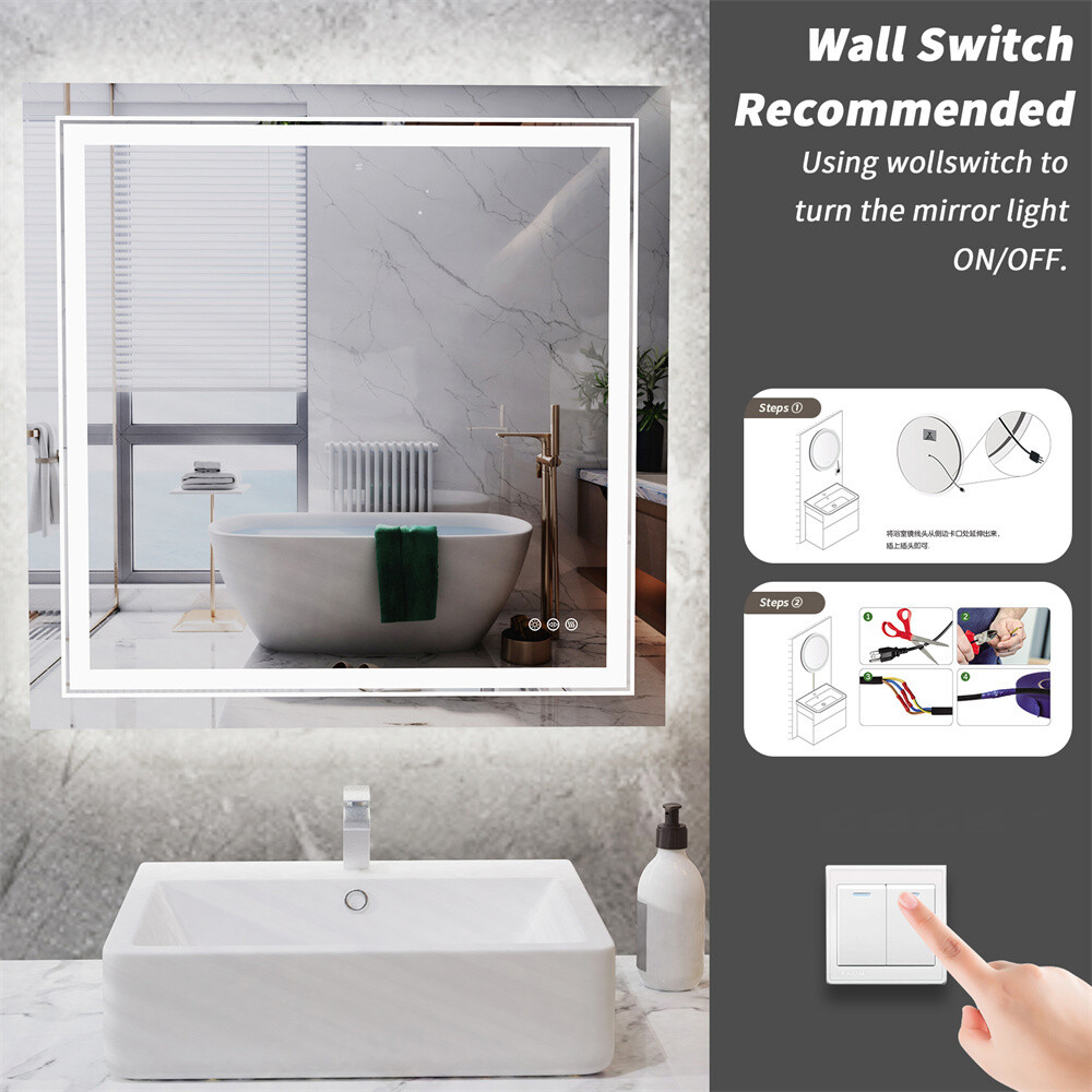32x32" Square Led Bathroom Mirror Frameless Defogger Memory Touch Wall Mirror L