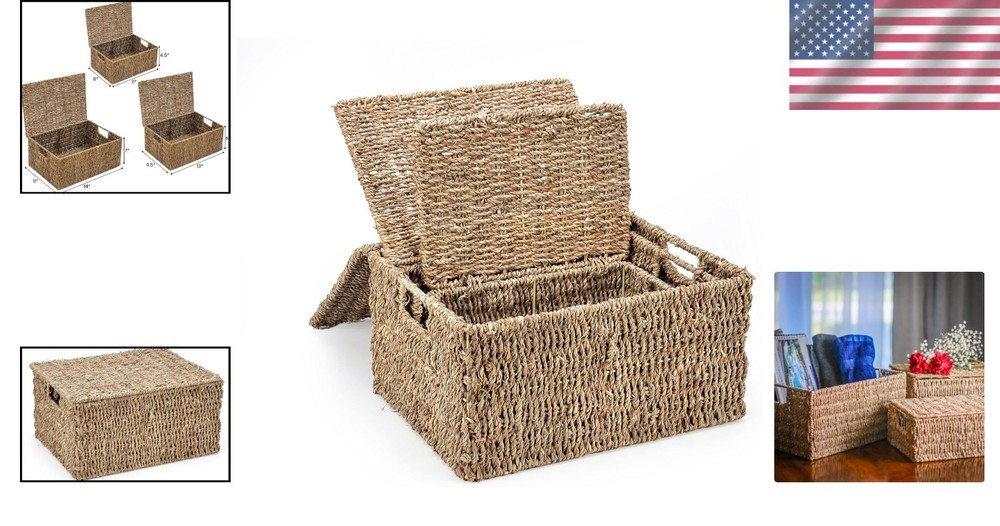 Stylish Storage Solution: Set of 3 Rectangular Seagrass Baskets with Lids
