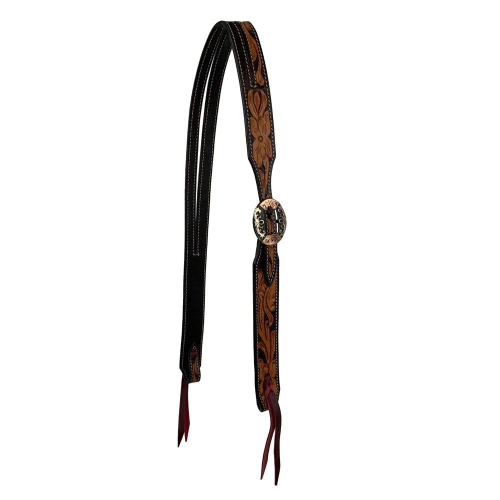 Dogwood Tooled Split Ear Two Tone Chocolate and Medium Leather Headstall