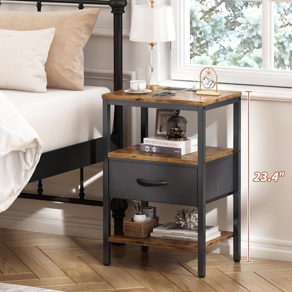 Nightstand with Charging Station, Bed Side Table with Adjustable Fabric Drawe...