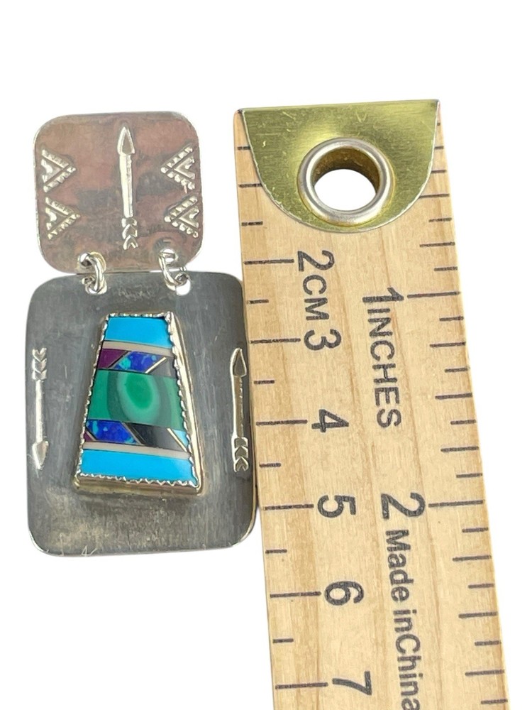Native American Sterlin Silver Earrings Multi Color Turquoise Arrow Square