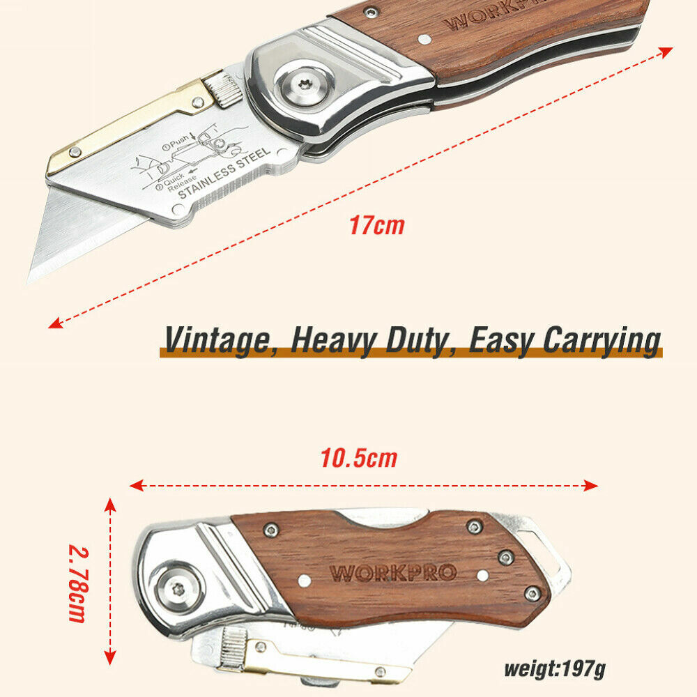 WORKPRO Folding Utility Knife Belt Clip&10Blades Wood Handle &Back Lock Plastic