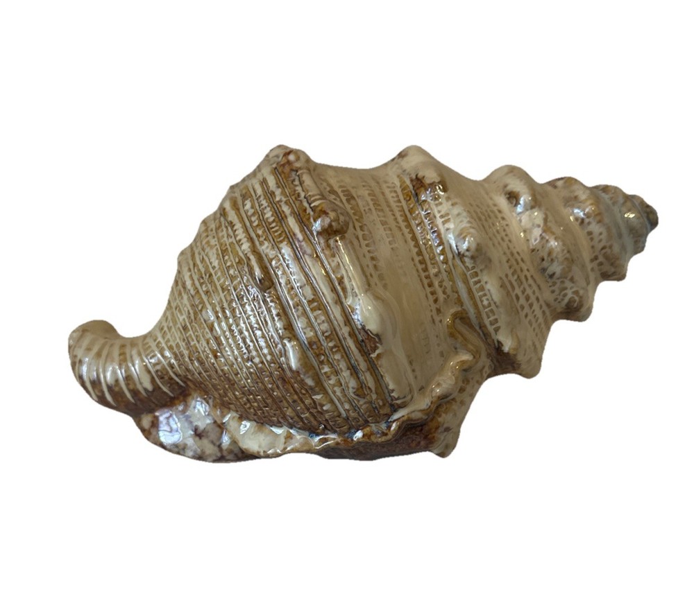 Vintage Conch Shell Ceramic Planter Beach Decor Unique Beige/Brown Blue Spire