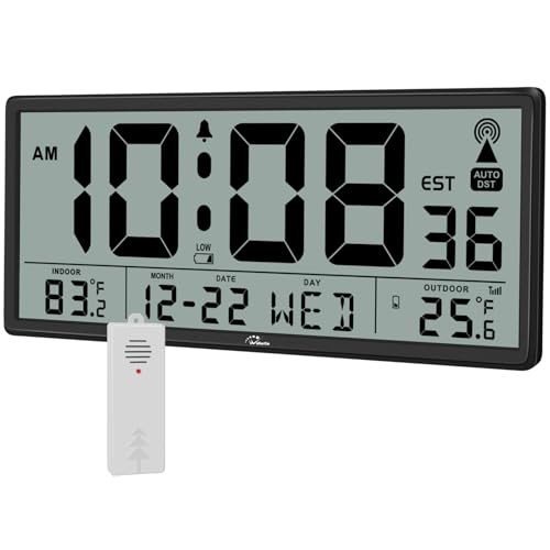 Atomic Clock with Indoor Outdoor Temperature - Easy to Read - Self Carbon