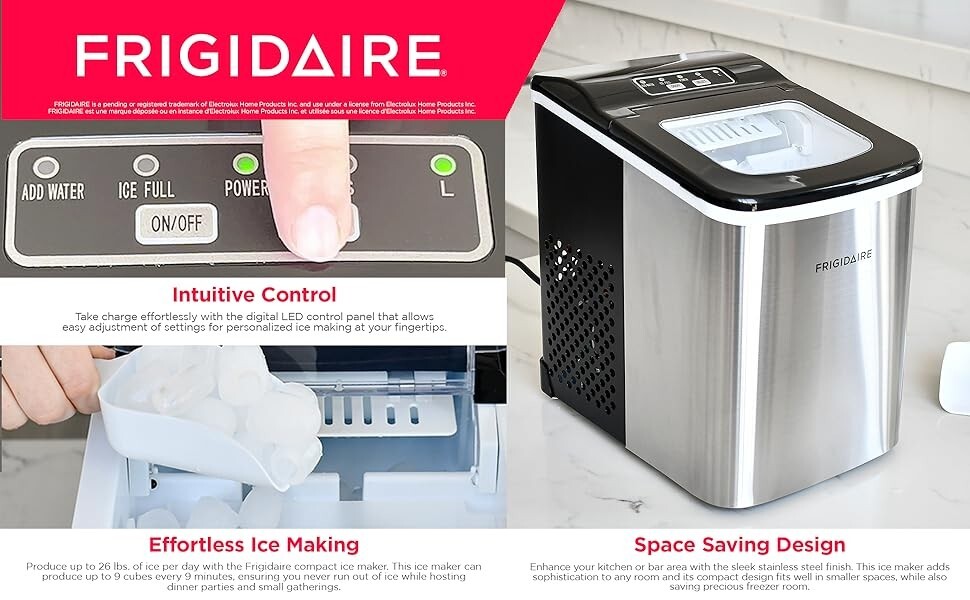 Frigidaire 26 Lbs per day Portable Compact Ice Maker Making Machine, Stainless