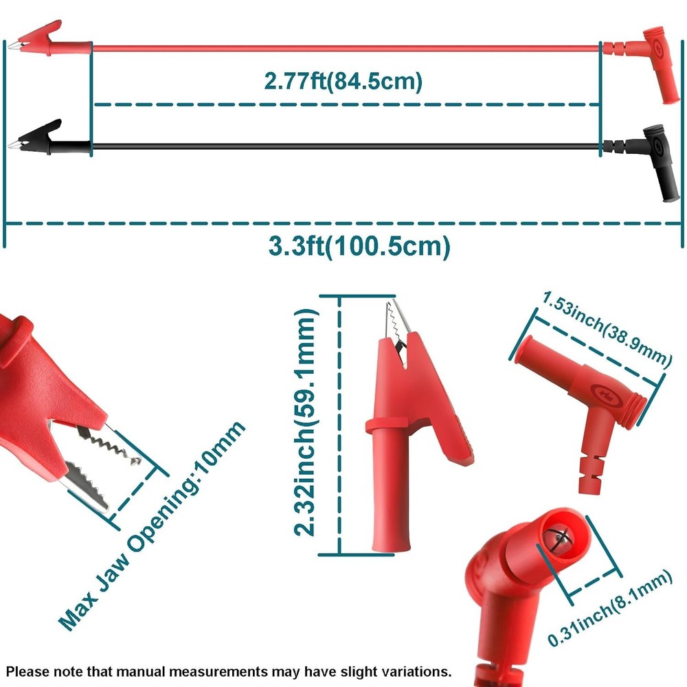 Versatile 3.3FT Electrical Testing Alligator Clip Leads, 20A Rated, Red & Black