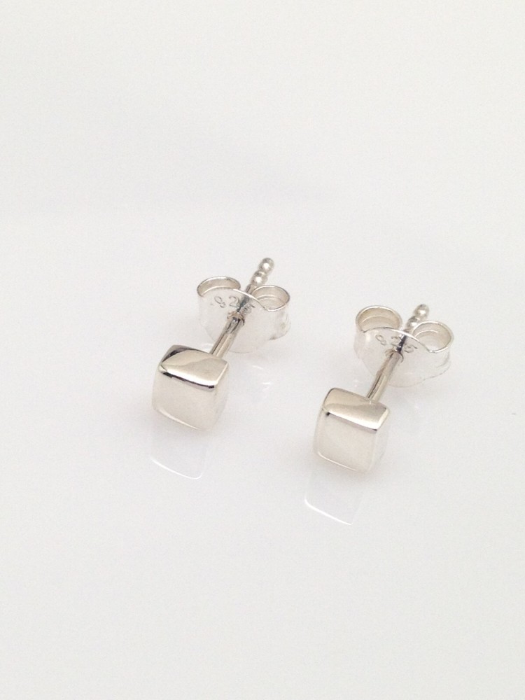 Solid Cube Stud Earrings 925 Sterling Silver Dainty Post Stud Mens Womens 3.5mm