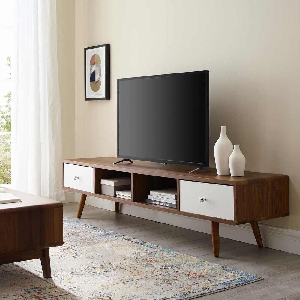 Modway Transmit 70" Media Console Wood TV Stand in Walnut White