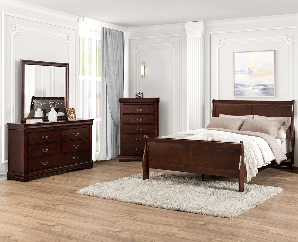 Full Size 3pc Bed Dresser Mirror Set Transitional Style Cherry Finish