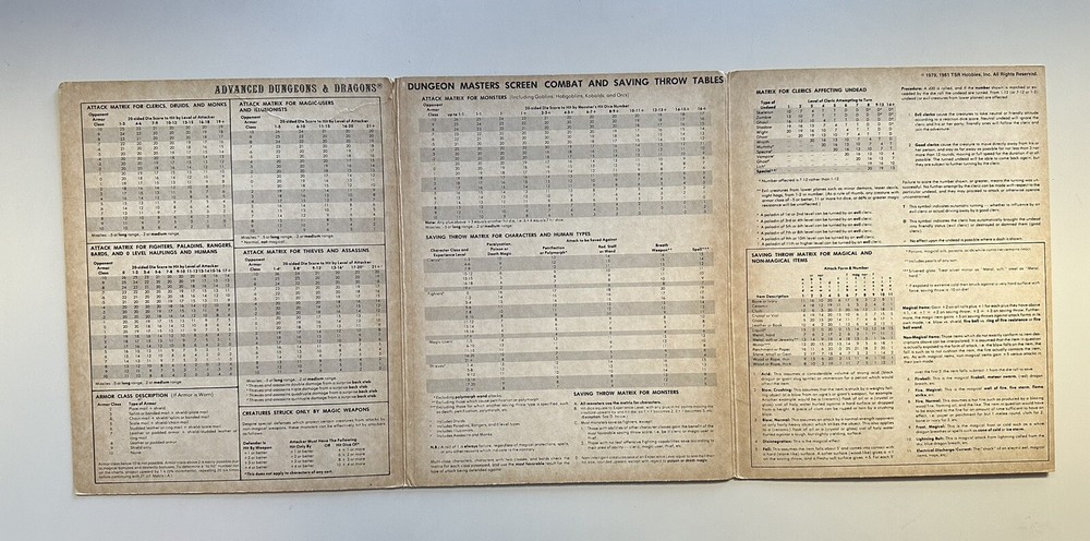 Dungeon Masters Screen (For Advanced D&D Game) 1981 TSR Games 9024 2-tri panel