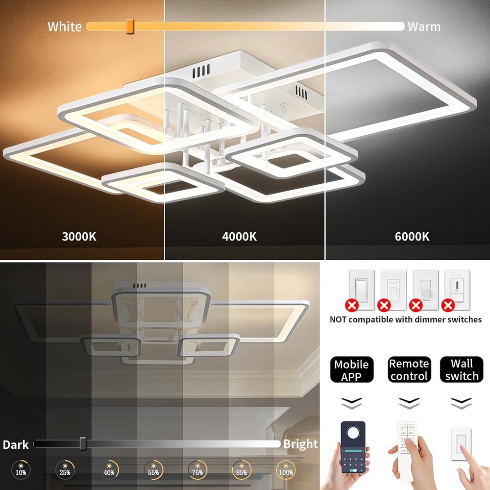 6-Ring Dimmable LED Ceiling Lamp – White Flush Mount Light with Remote Control