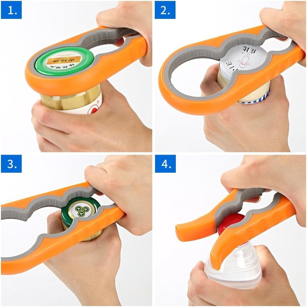 4-in-1 Multi-function Jar and Bottle Opener Easy-grip Orange Ergonomic Handle