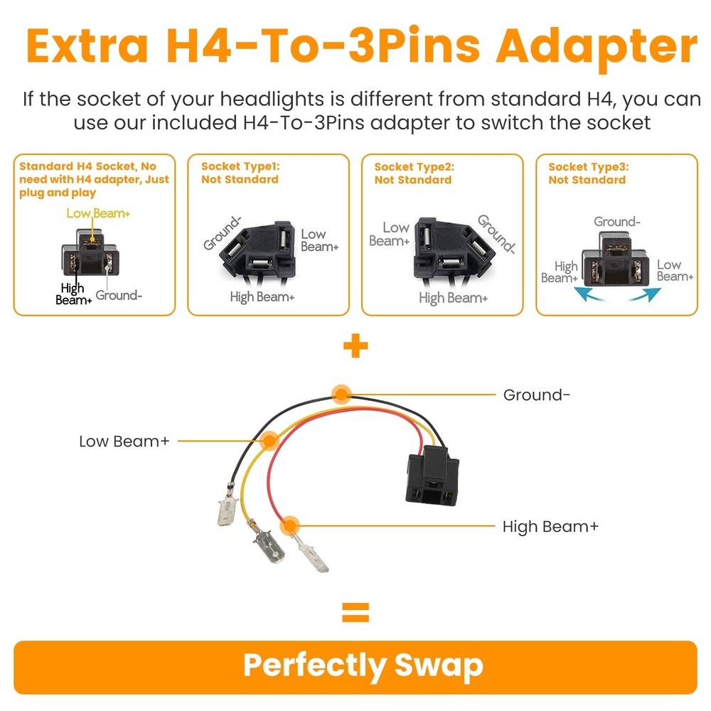 2Pcs 4x6in Car LED Headlights Vehicle Rectangular Headlamp With H4 Socket H4-