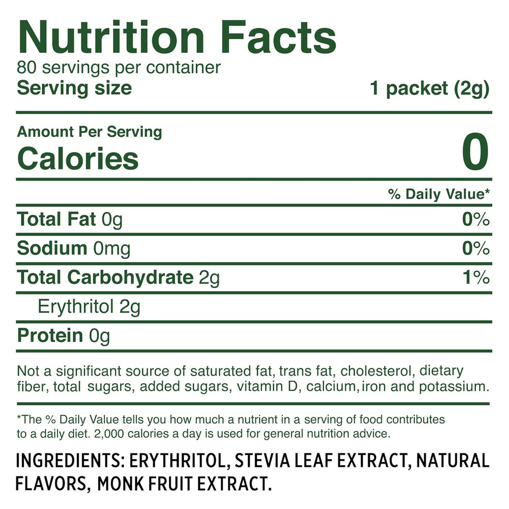 Zero Calorie Stevia Monk Fruit Sweetener 80 Packets