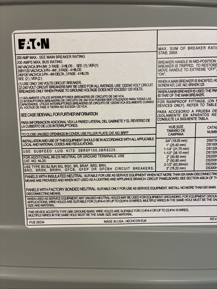 EATON MAIN BREAKER PANEL