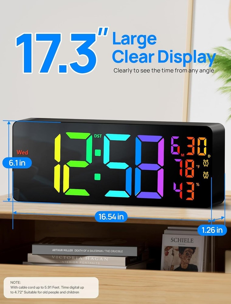 17.3" Large Digital Wall Mount Clock, Digital Clock with Remote Control, Alar...