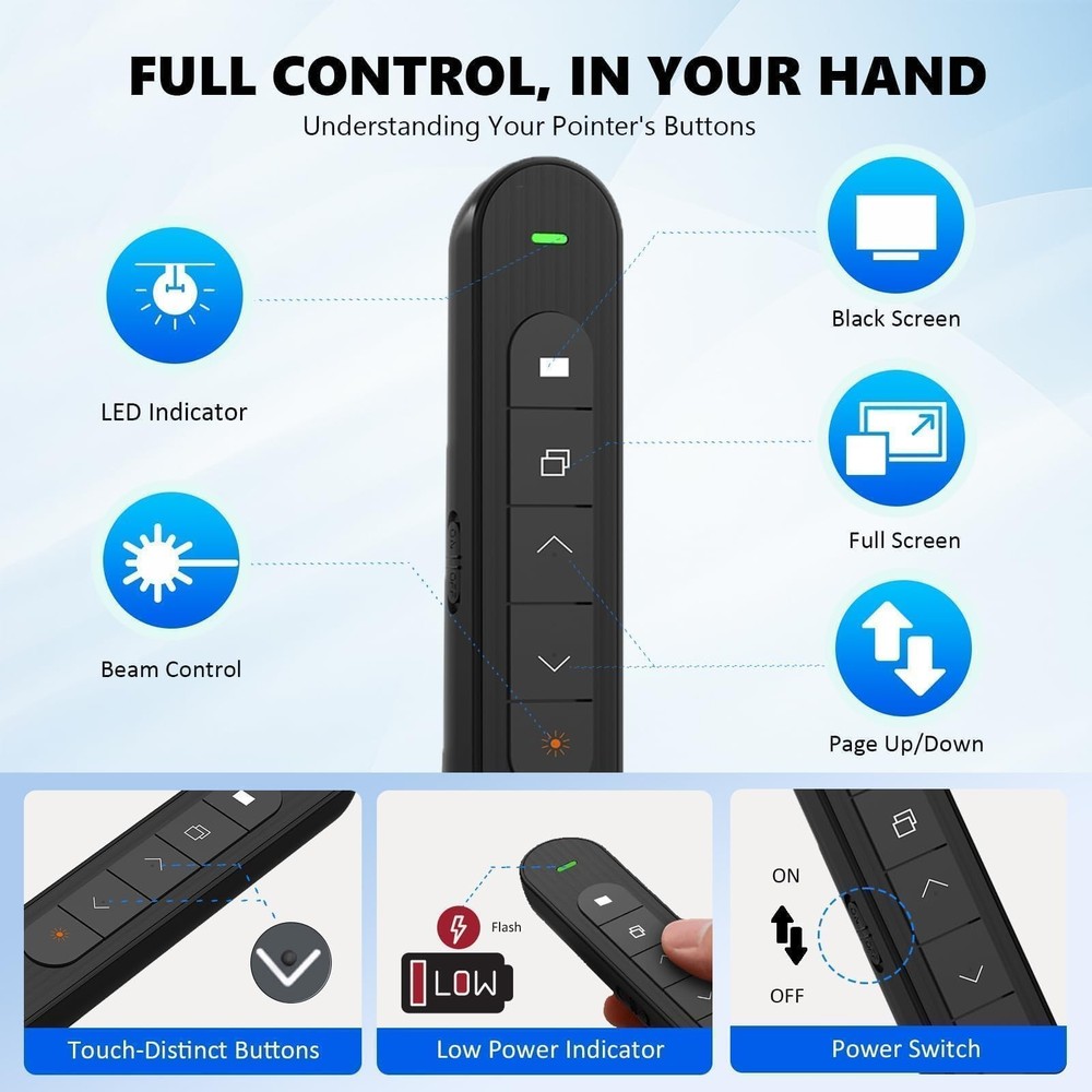 Presentation Clicker with Red Pointer Beam, 328ft Long-Range Wireless Present...
