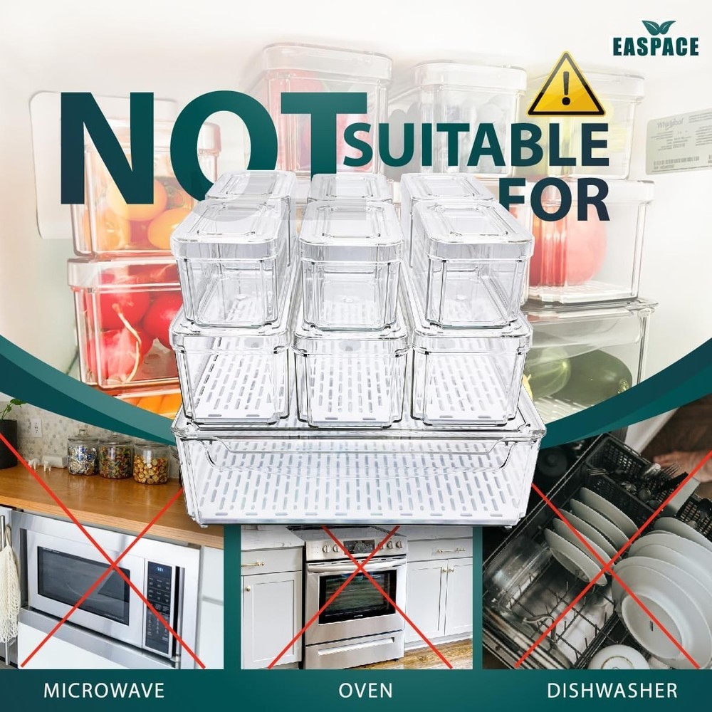 10-Pack Clear Fridge Organizer Bins W/ Lids & Drainage Holes Stackable Container