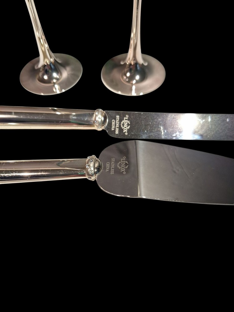 Lenox 4 Piece Wedding Set Devotion Stainle Silverplate Knife Server 2 Flutes