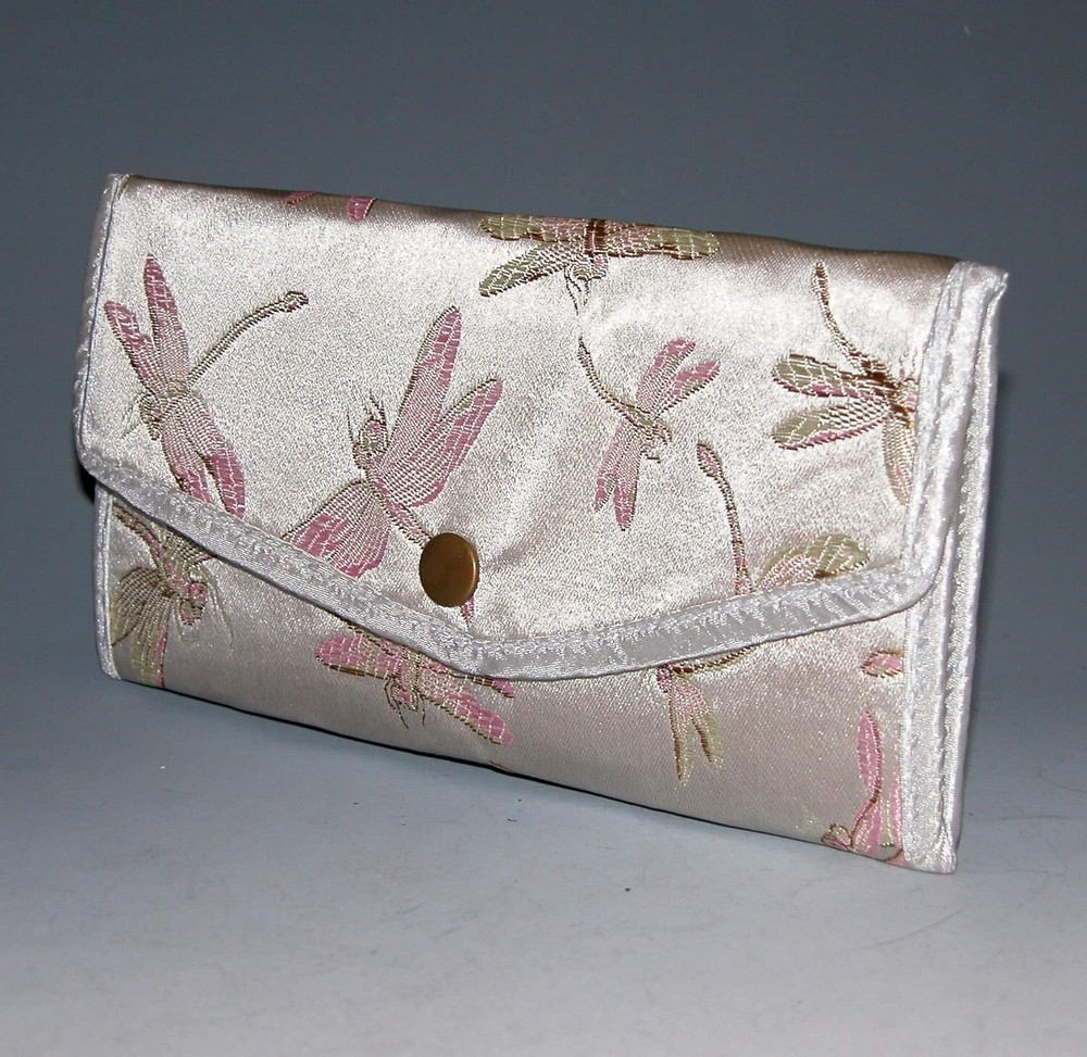 Asian Brocade Wallet - Check Book Holder Silver Dragonfly (Inside Zipper Broken)
