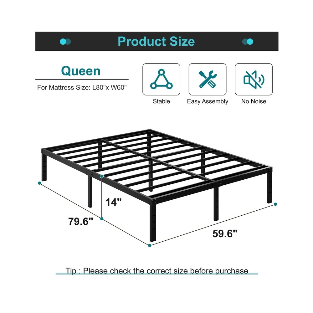 14 Inch Metal Bed Frame Queen Size No Box Spring Needed, Heavy Duty Platform ...