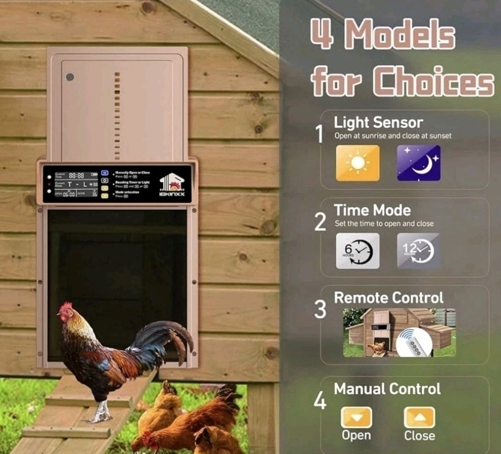 IBKINXX Automatic Chicken Coop Door Solar Powered with Timer & Light Sensor L...