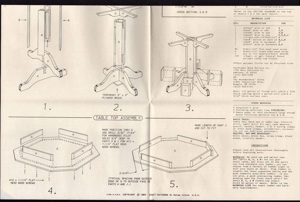 Craft Patterns #1501 Pedestal Table Woodworking Plans Instructions Full Sized