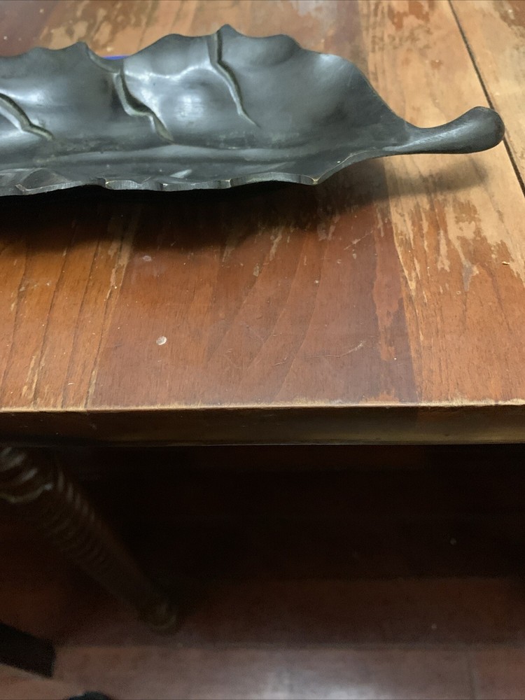 Unique solid metal leaf-shaped tray, candy dish—red oak? Brutalist Art?