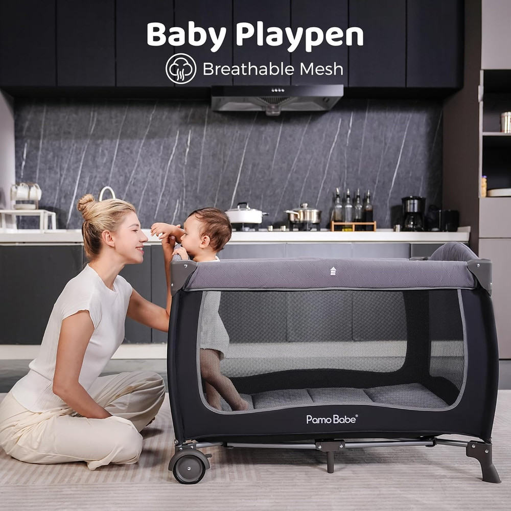 Baby Playard with Canopy, Portable Crib with Changing Table