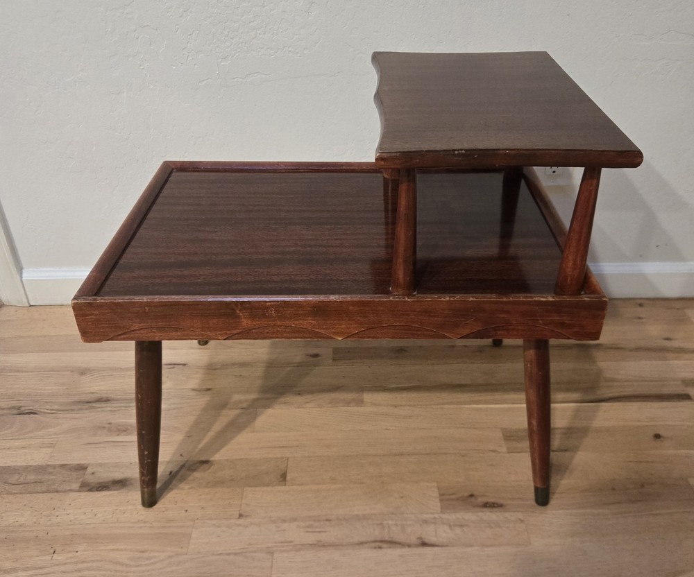 Atomic Era Mid Century Modern Brass Mahogany End Table two Tier Laminate Step
