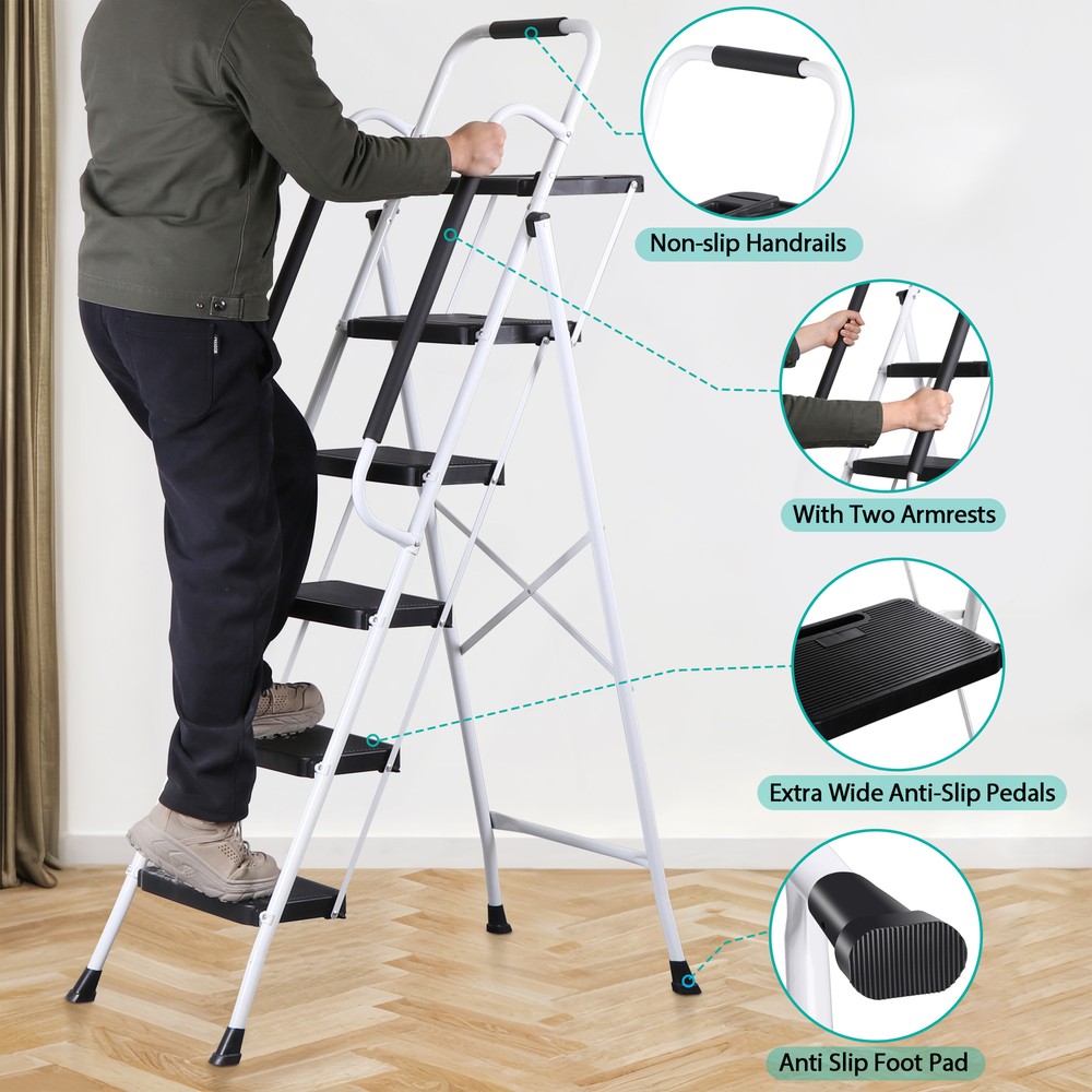 5 Step Ladder with Tool Platform and Handrails Safe Step Ladder 330 Lbs White