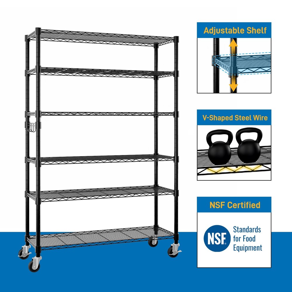 6-Tier Rolling Wire Shelving Unit - Heavy Duty, Adjustable, Hooks & Black