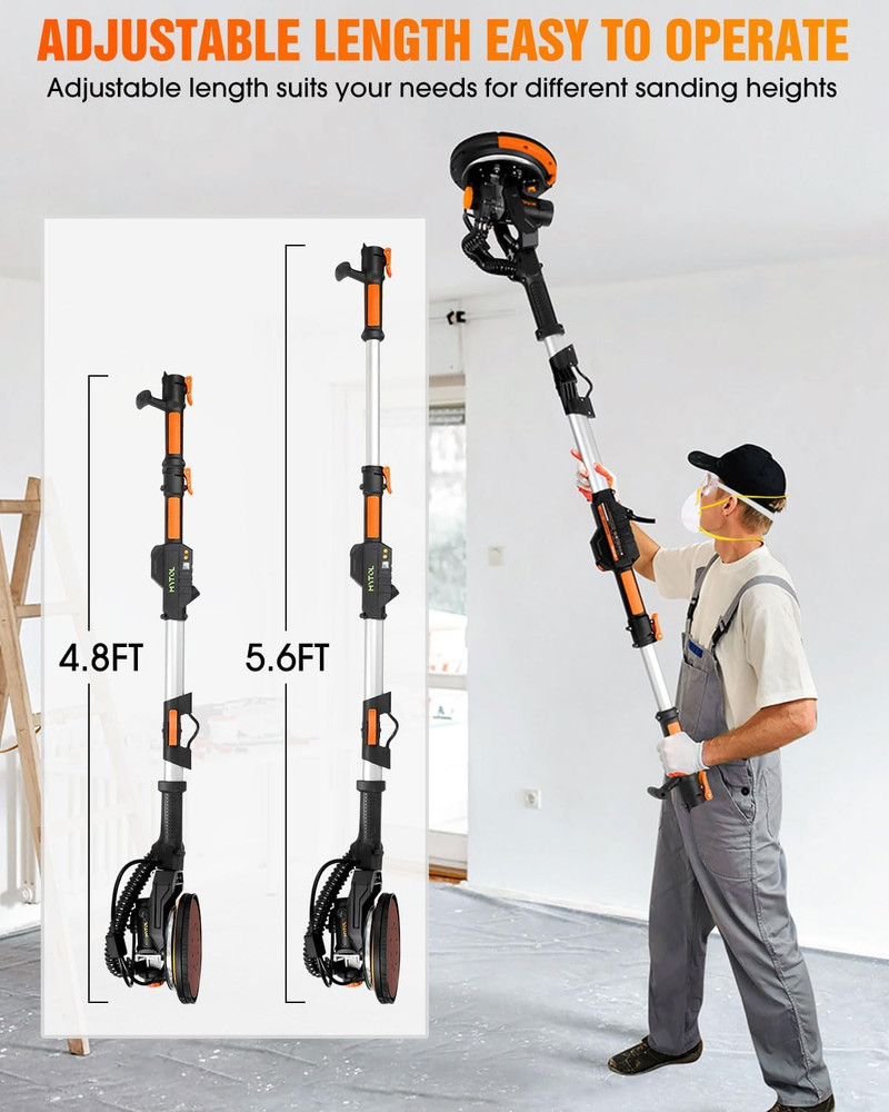 Electric Drywall Sander with Vacuum, LED Light, Variable Speed & Foldable Handle