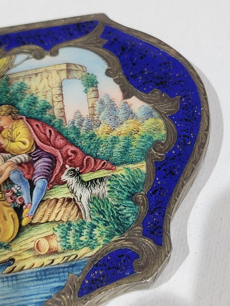Italian 800 Silver Gilded Enamel Hand Painted Compact Circa 1900