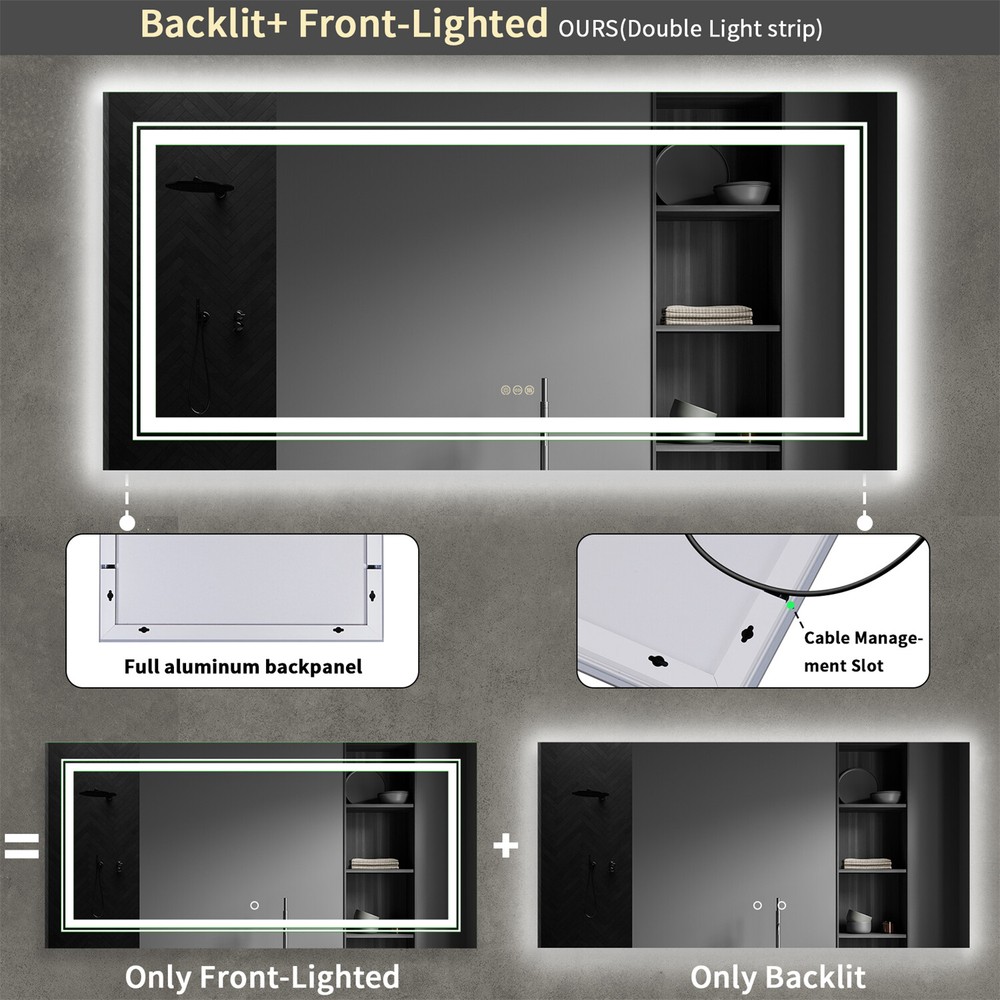 Extra Large Antifog LED Wall Bathroom Vanity Mirror with Front and Backlit Light