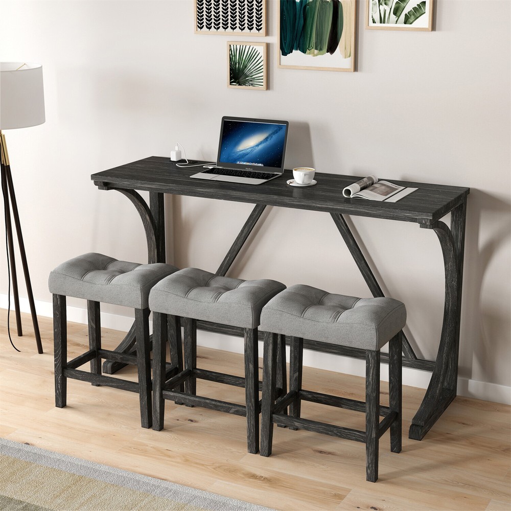 4 Piece Bar Table Set Counter Height Kitchen Dining Table w/ 3 Bar Stools