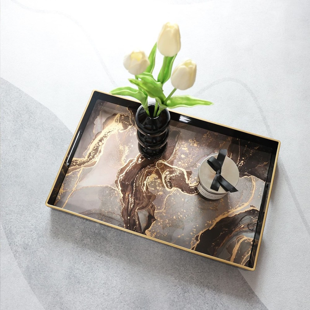 Leemxiiny Black Marbling Decorative Tray w/ Handles - Modern Plastic Rectangular