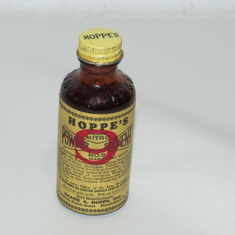 VINTAGE HOPPE'S NO. 9 POWDER SOLVENT PARTIAL EMPTY BOTTLE NICE LABELING