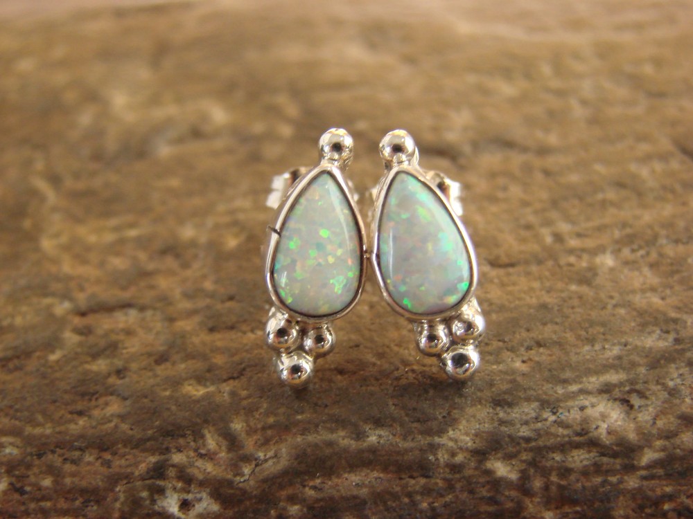 Native American Sterling Silver & White Opal Stud Post Earrings - Joe