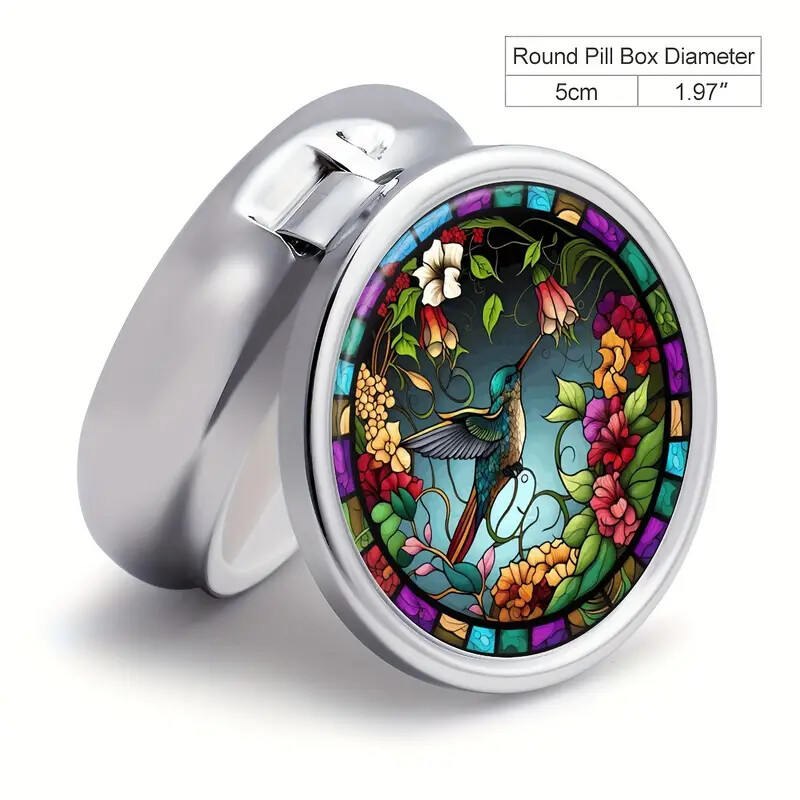 Hummingbird Pill Box Round Pill Box, 3 Compartment Mini Decorative Pocket Size