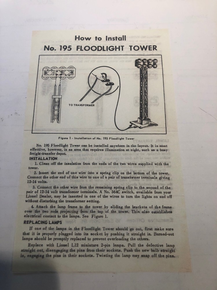 LIONEL ,,  195 FLOODLIGHT TOWER INSTRUCTION SHEET ,  COPY