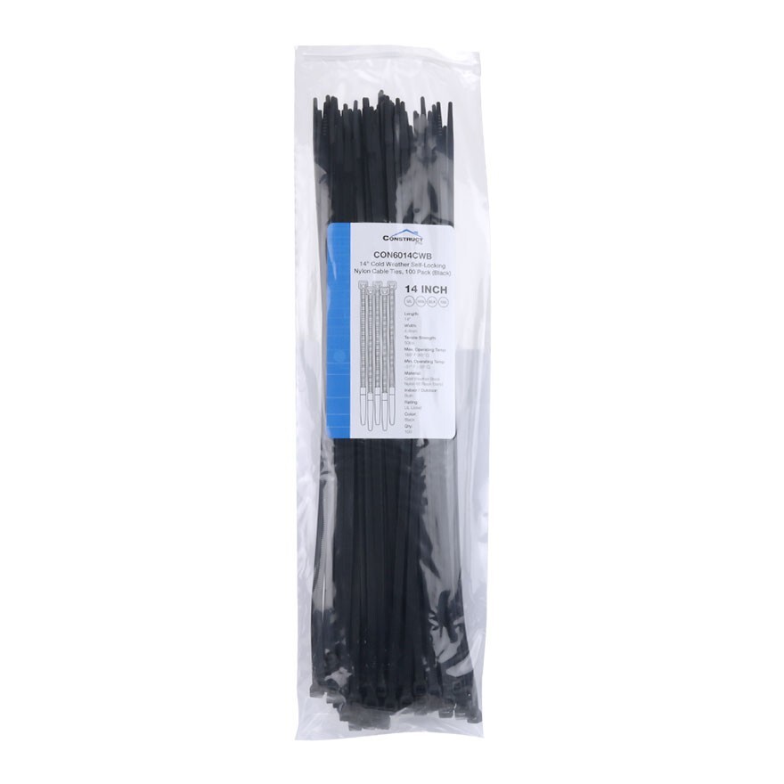 200 Pack Construct Pro 14” Cold Weather Self-Locking Nylon Cable Ties Black Zip