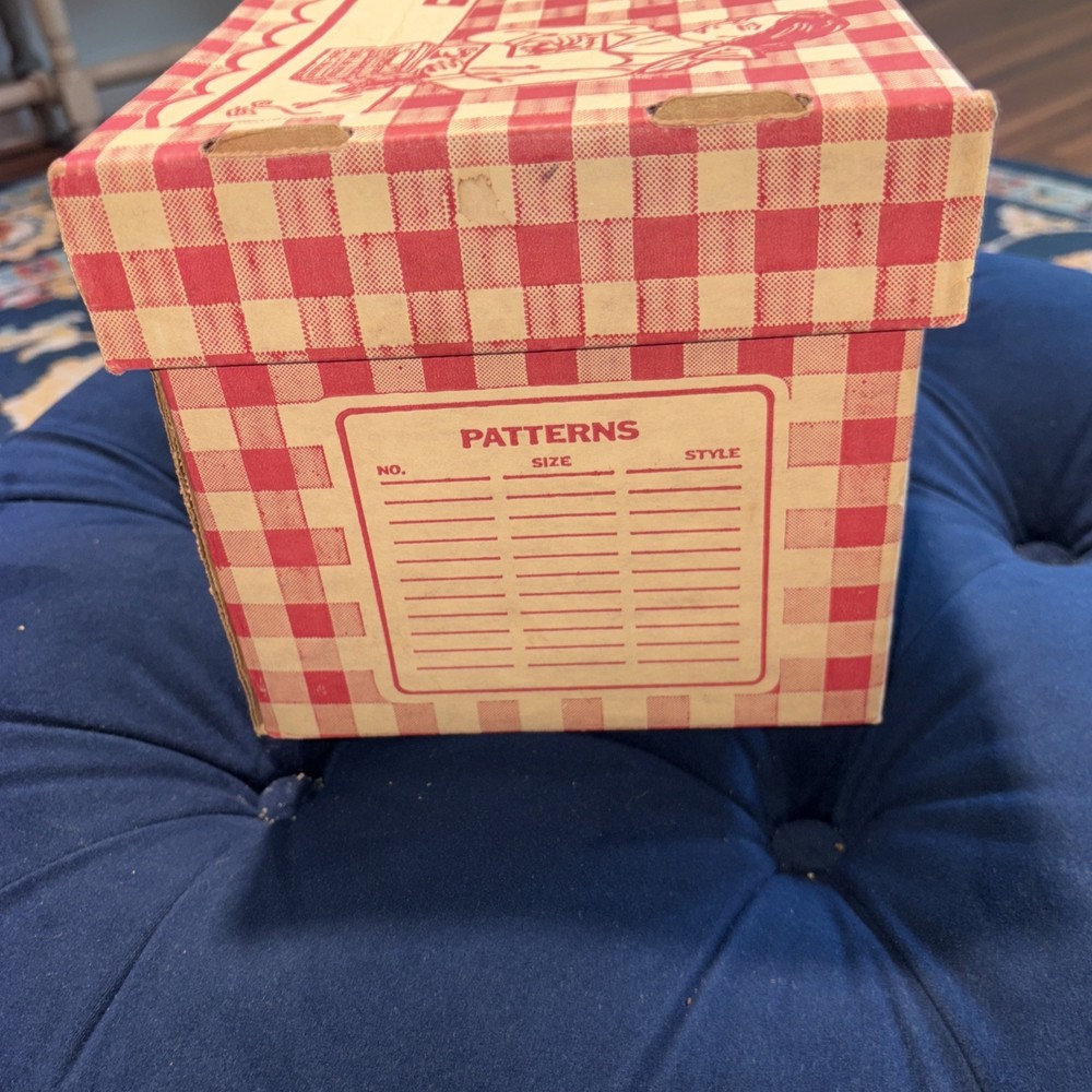 Vintage Cardboard Sewing Patterns Storage Box Red Gingham Excellent Condition