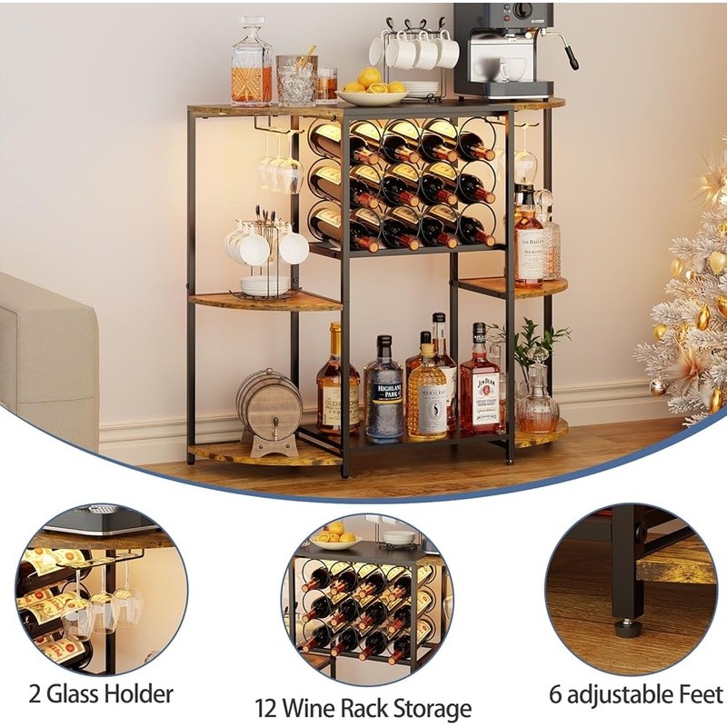 Smart LED Wine Bar Cabinet W/ Storage Glasses & Bottles Multi-Functional Decor