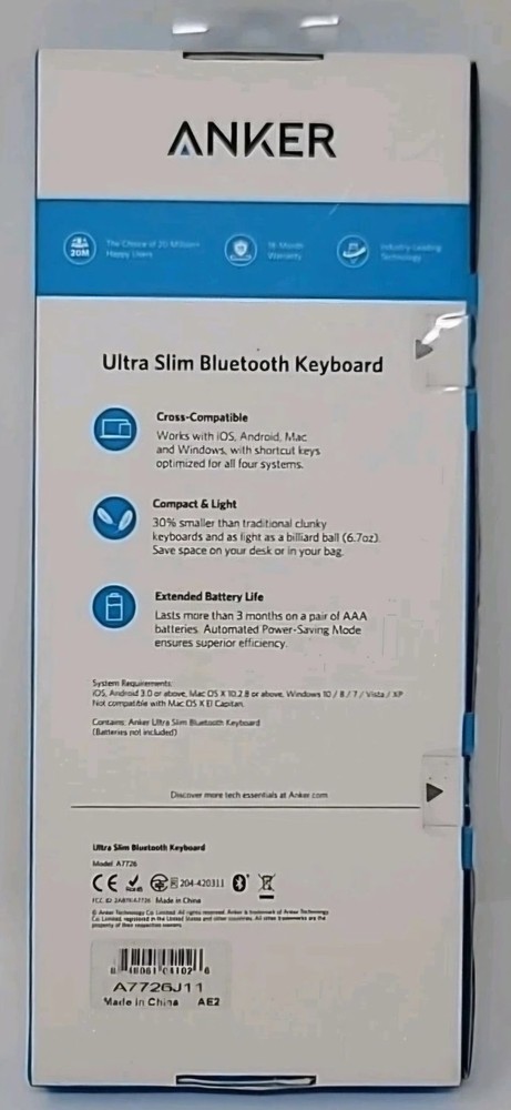 Anker Ultra Slim Bluetooth Keyboard A7726 Black IOS Android Mac Windows Wireless