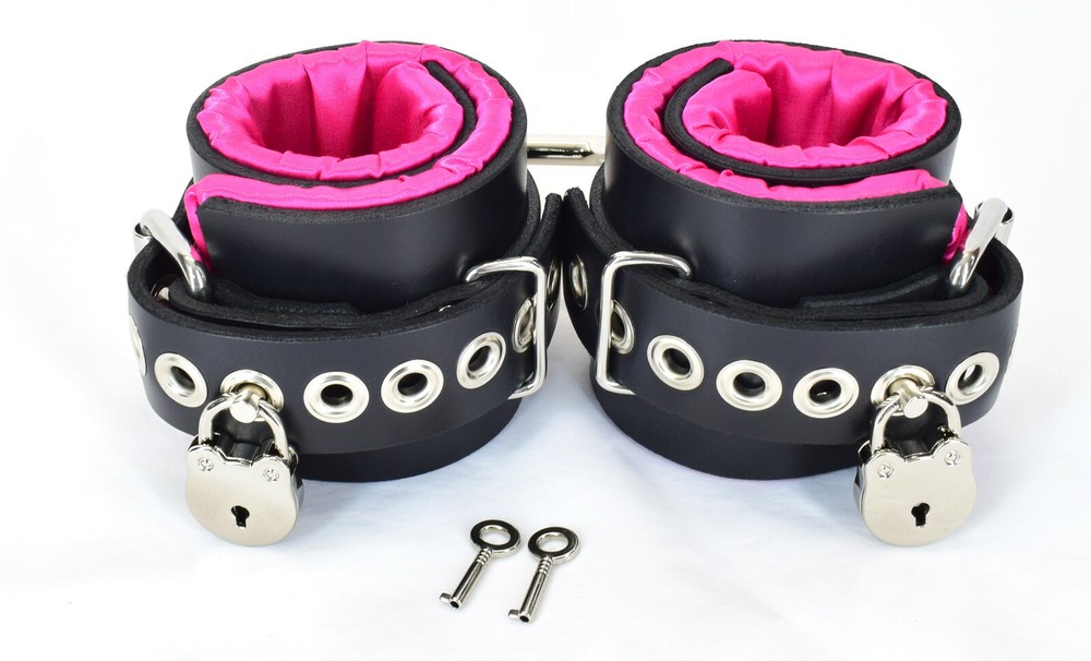 Locking Pink Satin Lined Leather Ankle Bondage Cuffs by Axovus