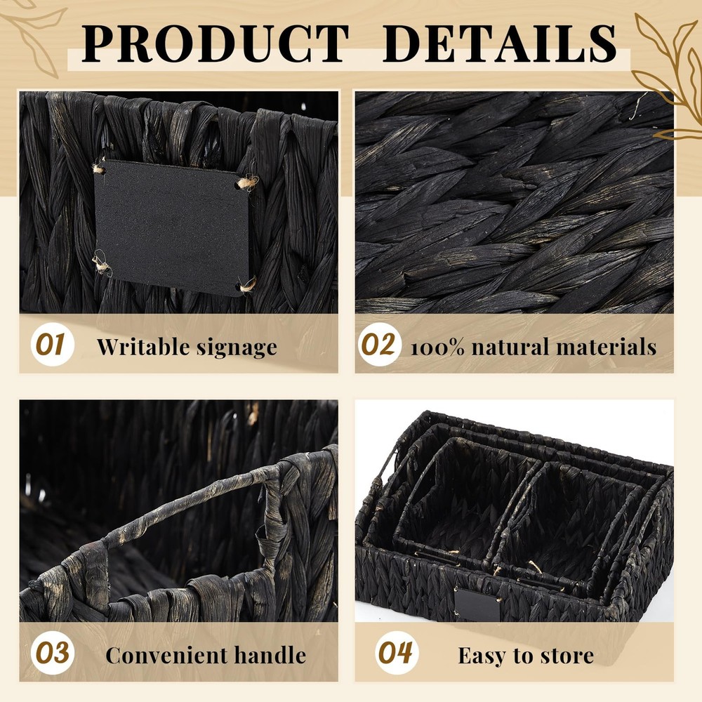4 PCS Natural Wicker Storage Baskets Stackable Handwoven Bins Black Shelf