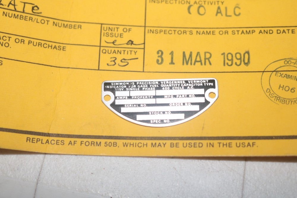 NOS data plate for Simmonds Precision fuel quantity indicator capacitor type
