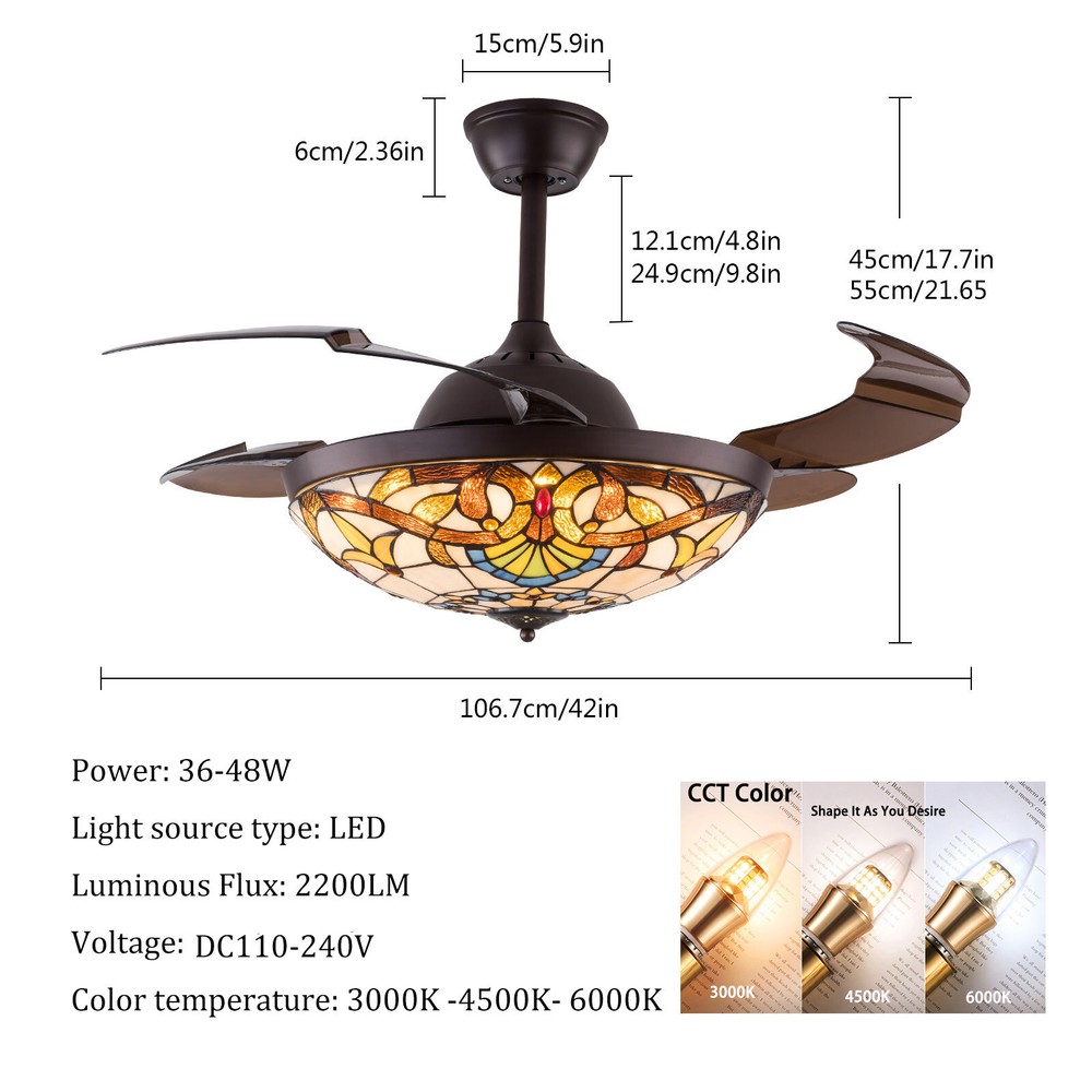 42" Tiffany Retractable Ceiling Fan Light LED Dimmable Chandelier W/ Remote 56W