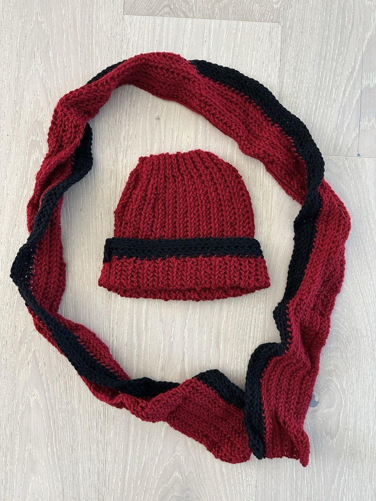 Hand Knitted Red,  Black Hat &  Scarf